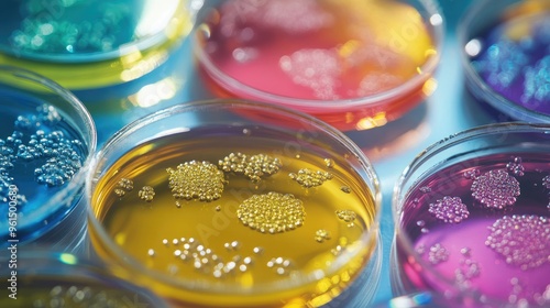 Close-up of a petri dish showcasing a colorful variety of microorganisms under a microscope.