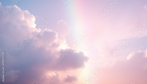 Fototapeta Naklejka Na Ścianę i Meble -  Pink purple clouds in sky with faint rainbow