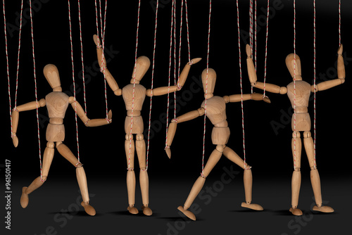 Wooden puppet doll, dancing marionette. Concept of emotional manipulation, world conspiracy theories photo