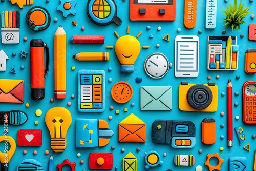 A vibrant, colorful flat lay arrangement of assorted stationery and office supplies against a bright blue background.