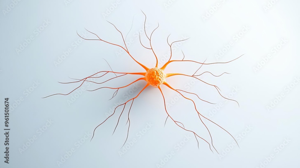 Motor neuron, connecting to muscle cell at neuromuscular junction, 3D ...