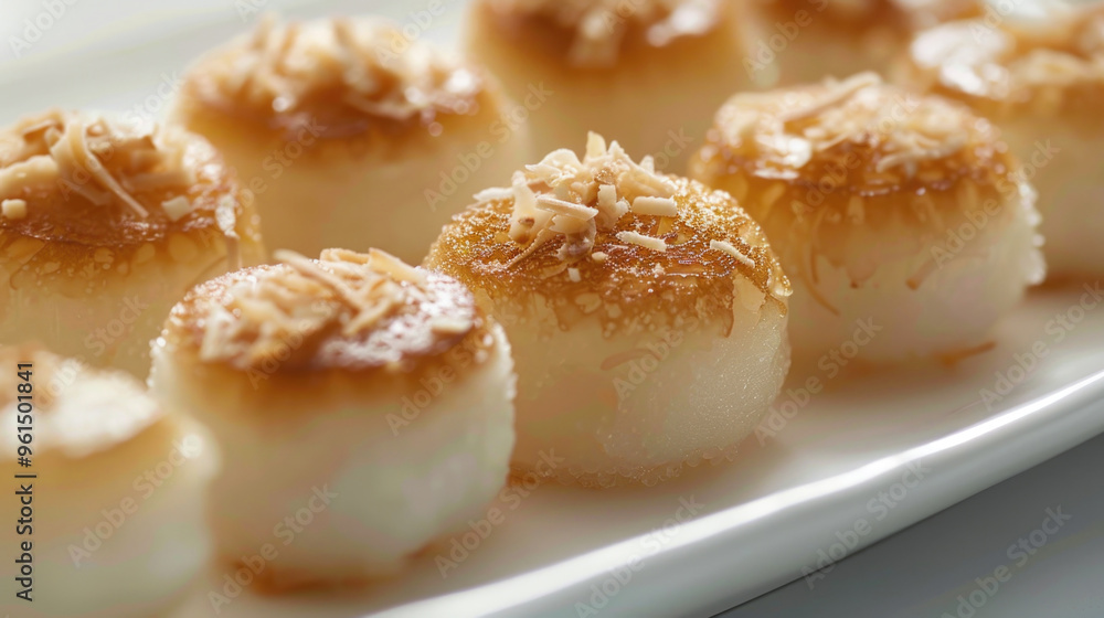 Delicious Coconut Rice Cakes on a White Plate - Close-Up of Traditional Asian Dessert with Toasted Coconut Topping Delicious Coconut Rice Cakes on a White Plate - Close-Up of Traditional Asian Dessert with Toasted Coconut Topping