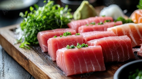 Close-up view of raw tuna fillet steak and sashimi, displayed on a wooden board, highlighting texture and freshness.