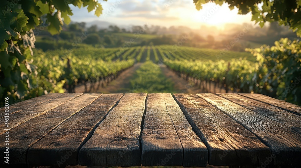 closeup of a rustic wooden table with blurred vineyard landscape in the background emphasizing wine country ambiance closeup of a rustic wooden table with blurred vineyard landscape in the background emphasizing wine country ambiance