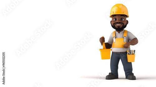 An isolated 3D render of a cartoon human with dark skin from Africa holding a professional builder's tool, a re3d level tool, on a white background.