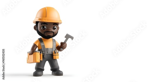 An isolated 3D render of a cartoon human with dark skin from Africa holding a professional builder's tool, a re3d level tool, on a white background.