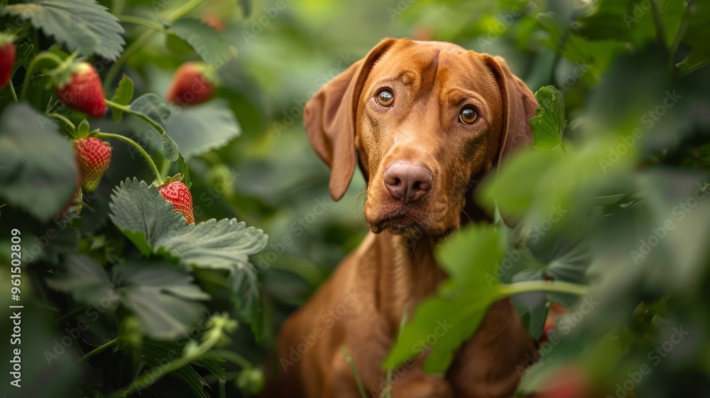 A sad-looking dog closely gazes at the camera from a strawberry field A sad-looking dog closely gazes at the camera from a strawberry field