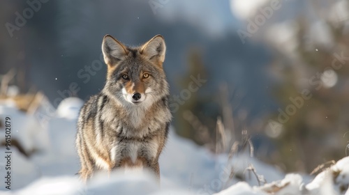  A tight shot of a wolf gazing at the camera amidst snowy backdrop, trees faintly visible and blurred behind