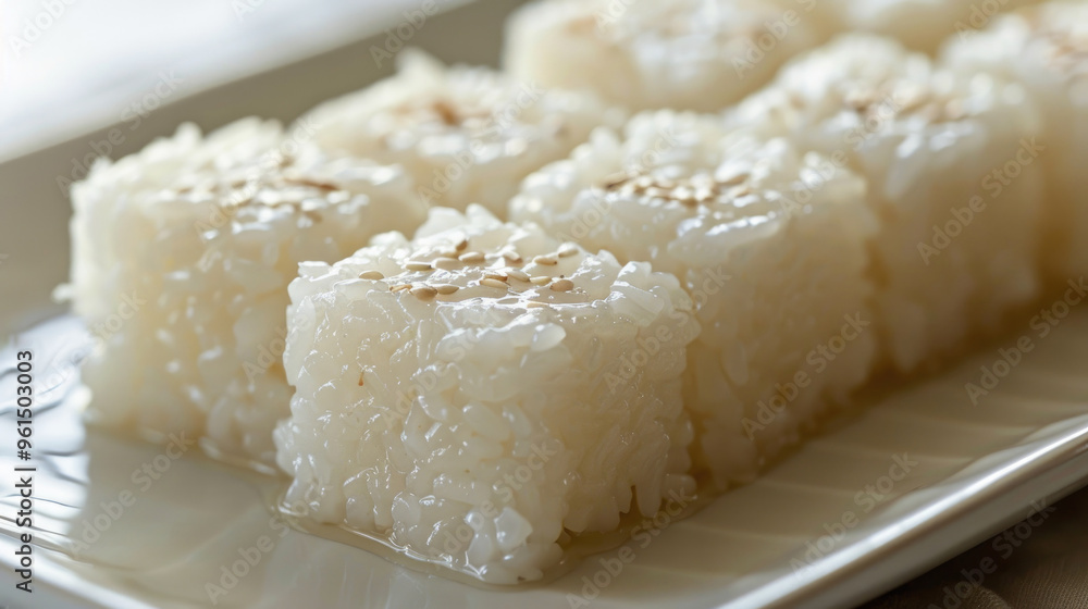 Close-Up of Delicious Sticky Rice Cubes Topped with Sesame Seeds on a White Plate Close-Up of Delicious Sticky Rice Cubes Topped with Sesame Seeds on a White Plate