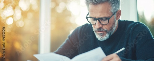 Wallpaper Mural Focused Investor in Elegantly Furnished Home Office - Thoughtful Examination of Investment Strategies Amidst Organized Financial Documents and Soft Natural Light Torontodigital.ca