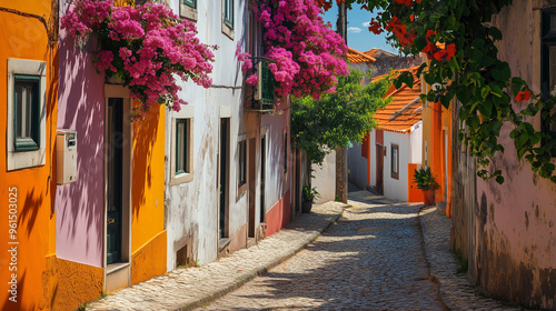 A cozy, narrow Portuguese street with bright buildings painted in orange and pink colors, adorned with blooming bougainvillea. The cobblestone path adds an authentic charm