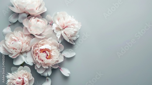 Peony flowers on gray background, top view, copy space.