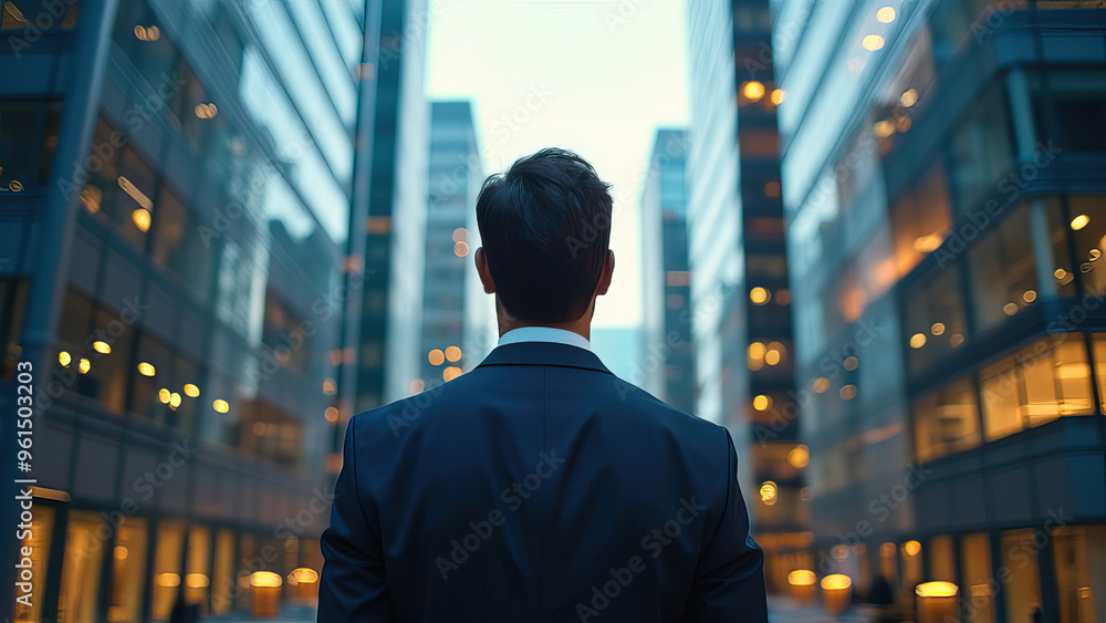 businessman walks through the city looking towards bright future businessman walks through the city looking towards bright future