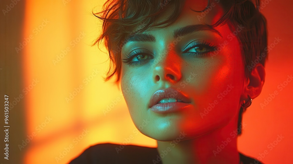 striking portrait of a confident woman with an edgy pixie cut showcasing her features with dramatic lighting and a bold contemporary style striking portrait of a confident woman with an edgy pixie cut showcasing her features with dramatic lighting and a bold contemporary style