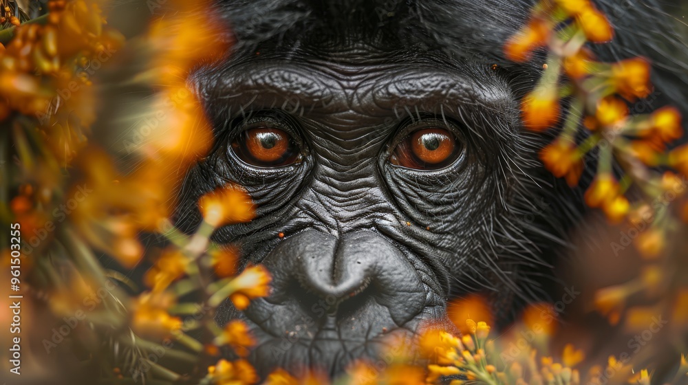 A tight shot of a monkey's expressive face surrounded by foreground flowers, and background filled with yellow blooms A tight shot of a monkey's expressive face surrounded by foreground flowers, and background filled with yellow blooms