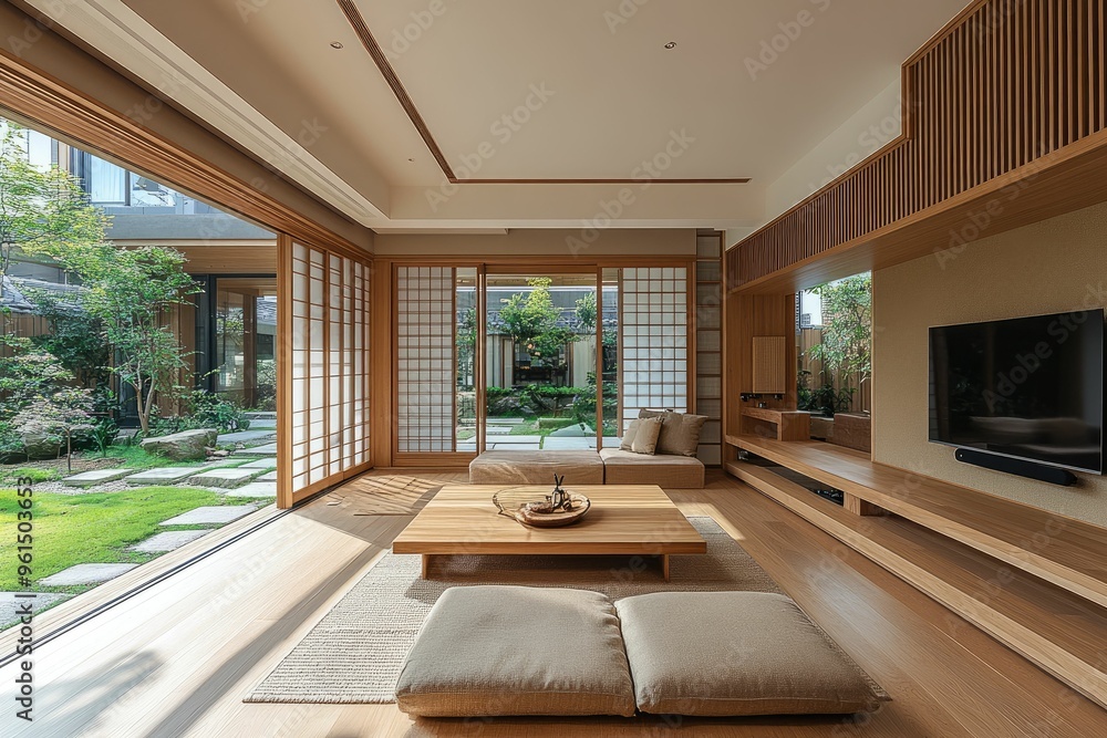 Fototapeta premium A serene modern living room with natural light and a view of a garden.