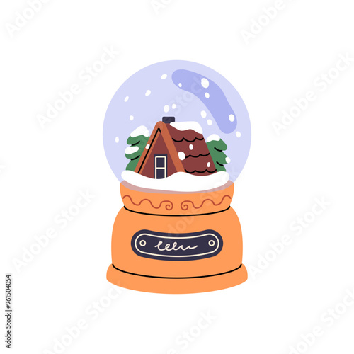 Traditional Christmas snow globe with home inside. Xmas glass ball with winter holiday aesthetic. Magic crystal. Wintertime seasonal decoration. Flat isolated vector illustration on white background