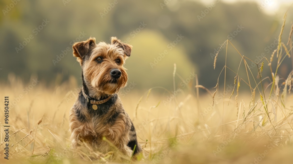 A small dog with brown and black fur sits seriously in a field of tall grass, gazing at the camera A small dog with brown and black fur sits seriously in a field of tall grass, gazing at the camera