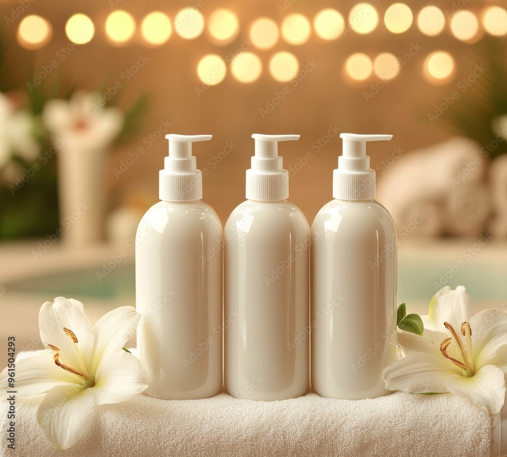 Three White Shampoo Bottles with Spa Background and Flowers Three White Shampoo Bottles with Spa Background and Flowers