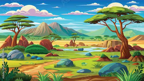 Landscape of the green savannah, wild nature of Africa, cartoon background with rocks and plain grasslands under blue skies vector art illustration