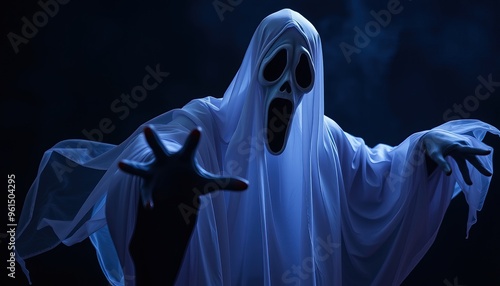 halloween ghost evil spooky scream face in white sheet reaches out with hands dark background