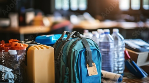 Wallpaper Mural A well-organized emergency preparedness kit with essentials like a backpack, water bottles, and other supplies, symbolizing preparedness, safety, and self-reliance. Torontodigital.ca