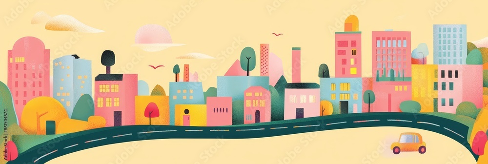 Fototapeta A whimsical illustration of a city road map with colorful buildings, trees, and a car. It symbolizes urban living, creativity, and a playful approach to city planning.