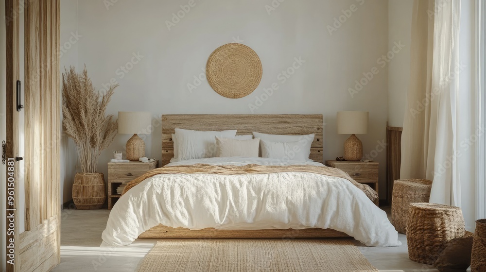 Cozy minimalist bedroom with a stylish bed, wooden furniture, and coastal decor. Cozy minimalist bedroom with a stylish bed, wooden furniture, and coastal decor.