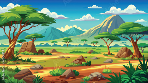 Landscape of the green savannah, wild nature of Africa, cartoon background with rocks and plain grasslands under blue skies vector art illustration