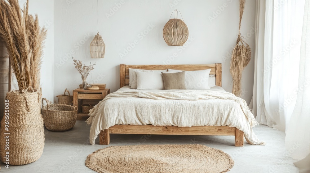 Cozy minimalist bedroom with a stylish bed, wooden furniture, and coastal decor. Cozy minimalist bedroom with a stylish bed, wooden furniture, and coastal decor.