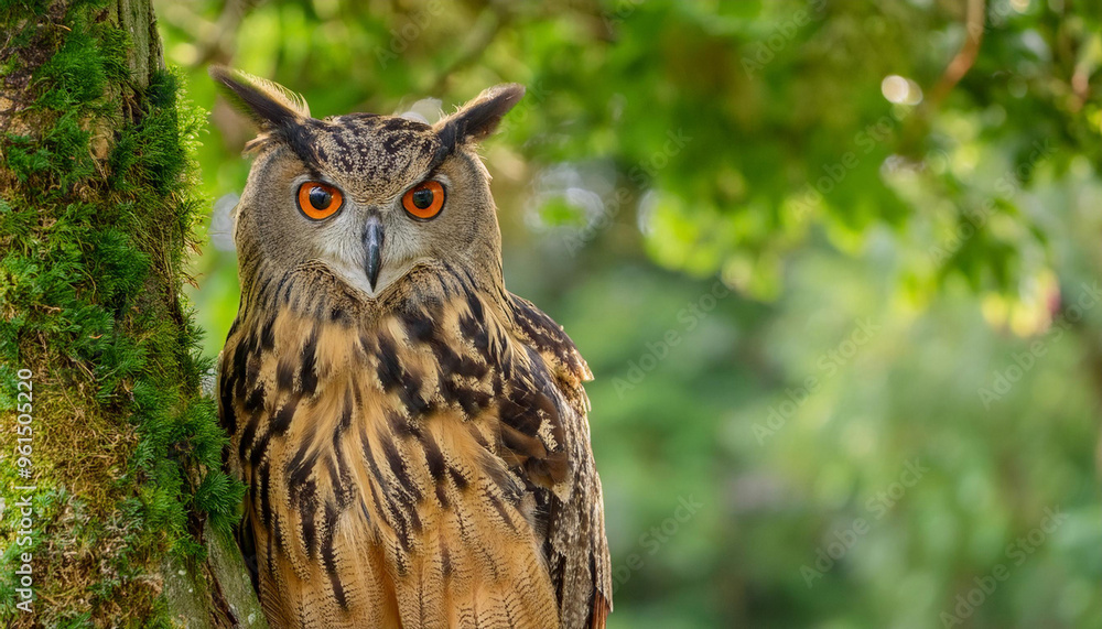 A Wise Owl Perched on Tree in a Lush Garden and Copy Space A Wise Owl Perched on Tree in a Lush Garden and Copy Space