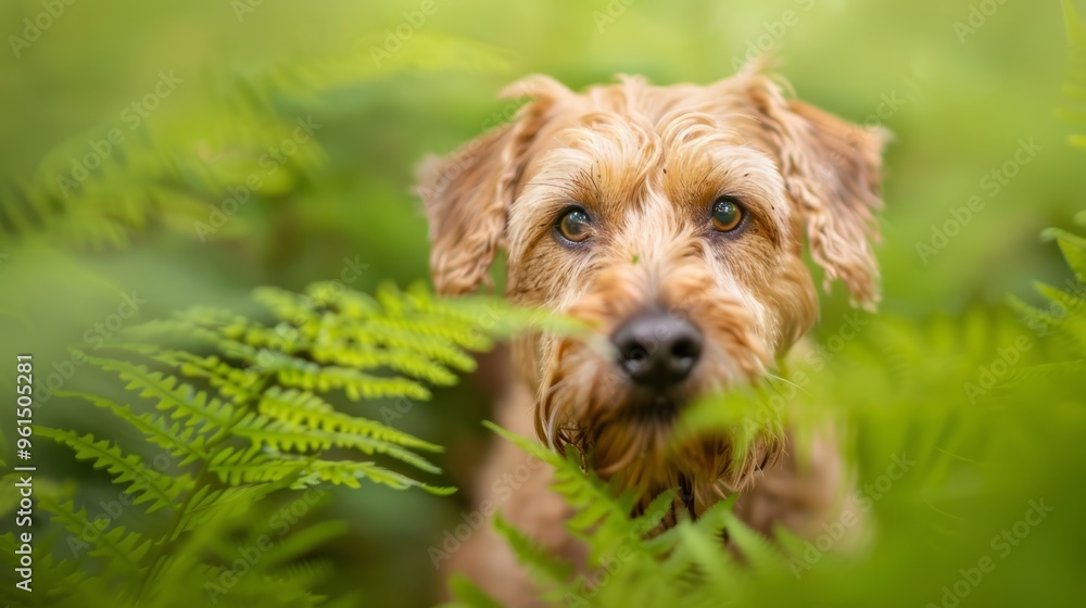 A dog's face, tightly framed by green fern leaves, peers curiously into the scene Background softly blurred A dog's face, tightly framed by green fern leaves, peers curiously into the scene Background softly blurred