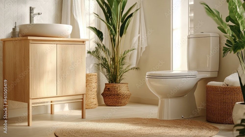 Fototapeta premium Cozy, modern bathroom interior featuring a ceramic toilet bowl and wooden furniture with minimal decoration.