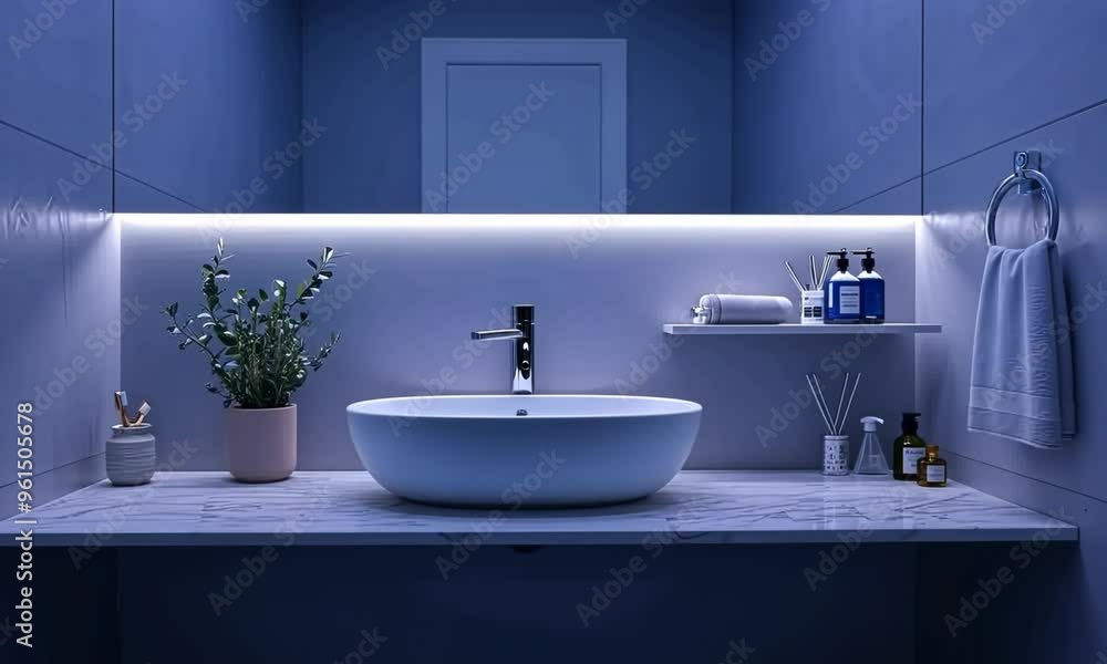 Interior of a bathroom with a shelf above the sink and space for a mirror or bedside table. Interior of a bathroom with a shelf above the sink and space for a mirror or bedside table.