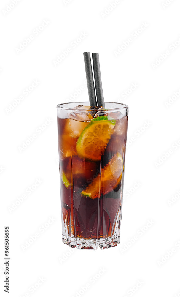 Cuba libre cocktail with lime and straws on white background Cuba libre cocktail with lime and straws on white background