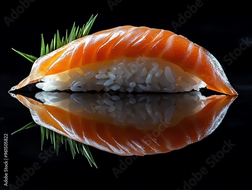 Highend sushi on a reflective black surface, vibrant fish and rice contrasting, shot with Canon EOS R5, 85mm f12 lens, surreal lighting and shadows photo