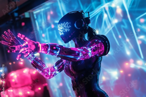 Cyberpunk Performer with Bionic Arms in Futuristic Dance Competition Surrounded by Neon Lights photo