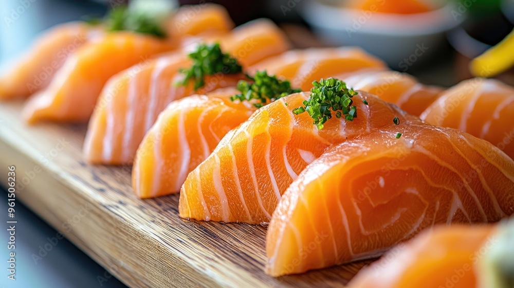 Detailed close-up of raw salmon fillet steak and sashimi, carefully placed on a wooden board. Detailed close-up of raw salmon fillet steak and sashimi, carefully placed on a wooden board.