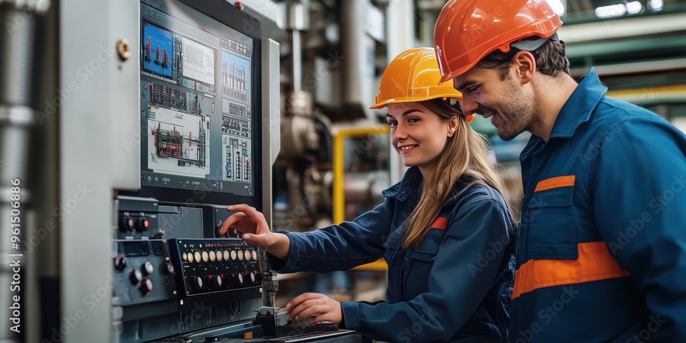 Male and female engineer working together on a factory control panel, analyzing production data and adjusting machinery in a modern industrial environment. Male and female engineer working together on a factory control panel, analyzing production data and adjusting machinery in a modern industrial environment.