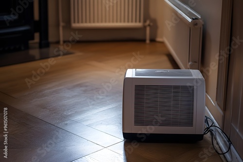 White Air Purifier on Wooden Floor in a Room photo