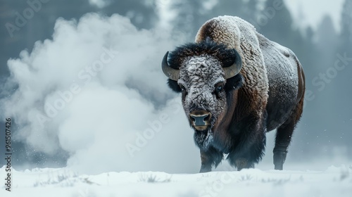  A bison stands in the snow, emitting copious amounts of smoke from its back, with open eyes