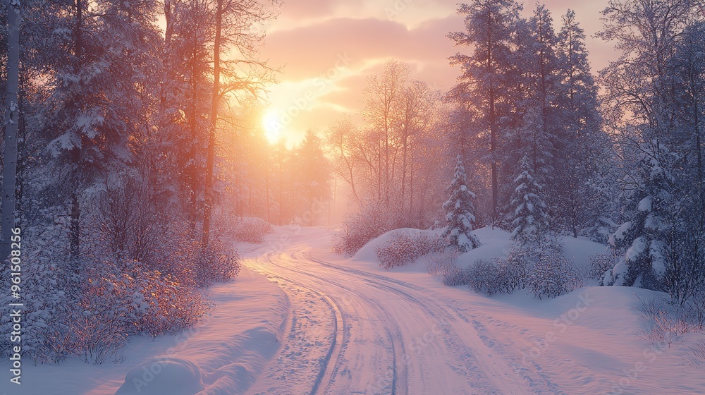 A Snow Covered Forest Path During a Golden Hour Sunrise A Snow Covered Forest Path During a Golden Hour Sunrise