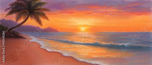  A sunset scene on a sandy beach, featuring a palm tree in the foreground and the vast ocean in the background