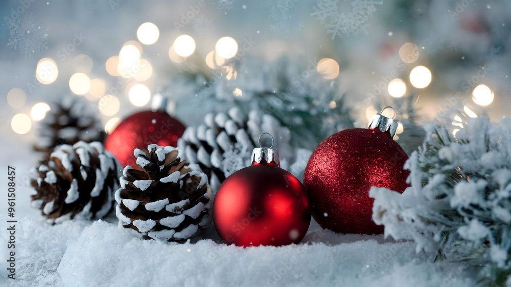 Festive Winter Scene with Snow-Dusted Pine Cones, Red Christmas Ornaments, and Soft Holiday Lights in the Background Festive Winter Scene with Snow-Dusted Pine Cones, Red Christmas Ornaments, and Soft Holiday Lights in the Background