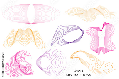 Wavy linear elements for design. Abstract fluid geometric shapes. Stylized line art. Technology and science illustration. Digital frequency track equalizer. Optical Illusion curves and swirls. Vecor