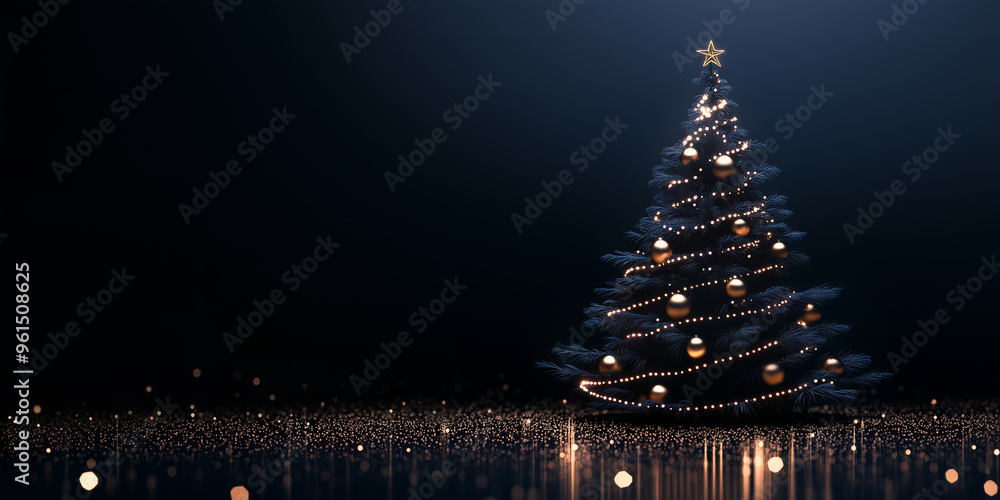 Obraz premium Christmas tree shining on festive black background, ornamental gold glitter festive lights