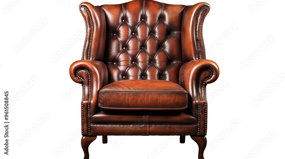 designer wooden chesterfield wing chair, studio view, isolated on transparent background. designer wooden chesterfield wing chair, studio view, isolated on transparent background.