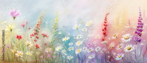  A painting of a field filled with wildflowers and daisies against a pastel backdrop of blue, pink, yellow, and white