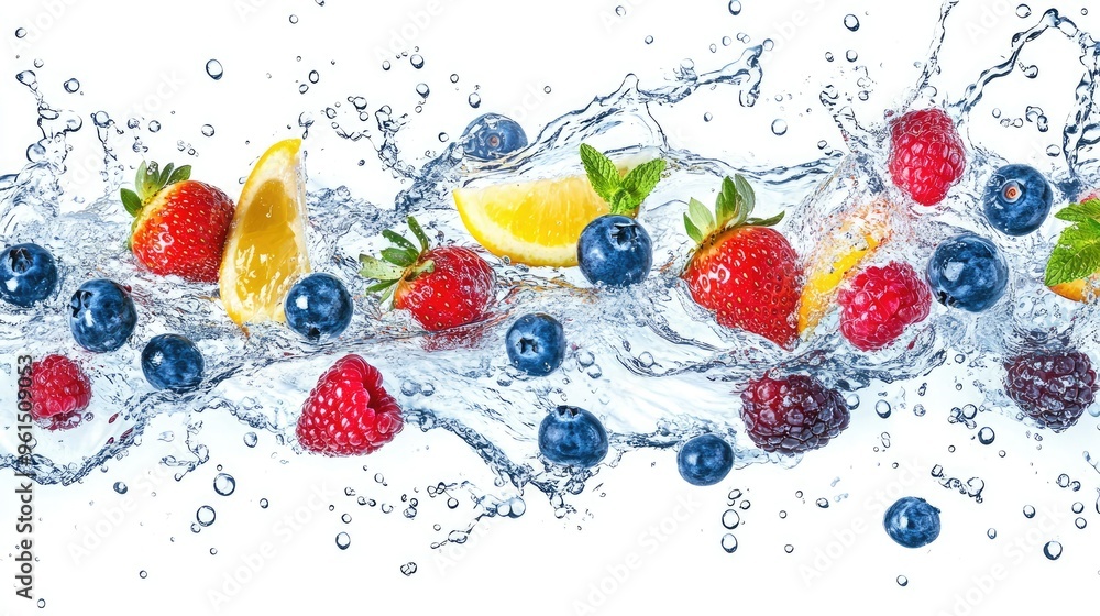 Dynamic water swirl with splashing waves, featuring a mix of fresh berries and fruits falling, isolated on white. Dynamic water swirl with splashing waves, featuring a mix of fresh berries and fruits falling, isolated on white.