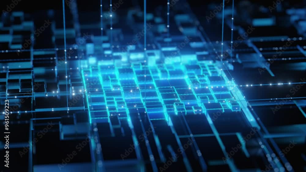 Futuristic digital grid with glowing neon blue cubes and data connections, abstract technology background